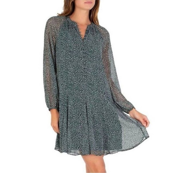 Joie Balloon Sleeve Dress Green Arctic Animal Print White Dot Medium Sheer - Picture 1 of 15